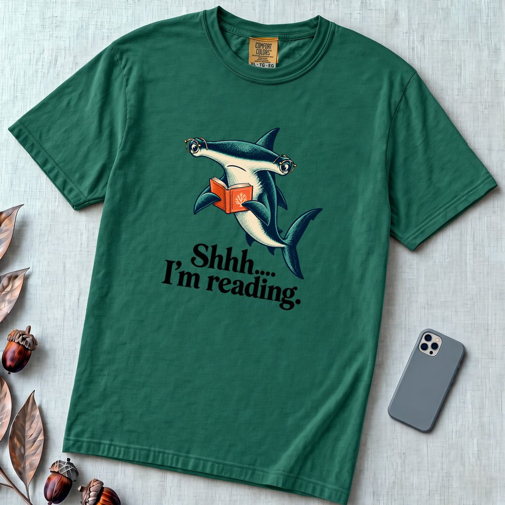 Shhh… I’m Reading Hammerhead Shark T-Shirt - Emerald unfolded t-shirt mockup