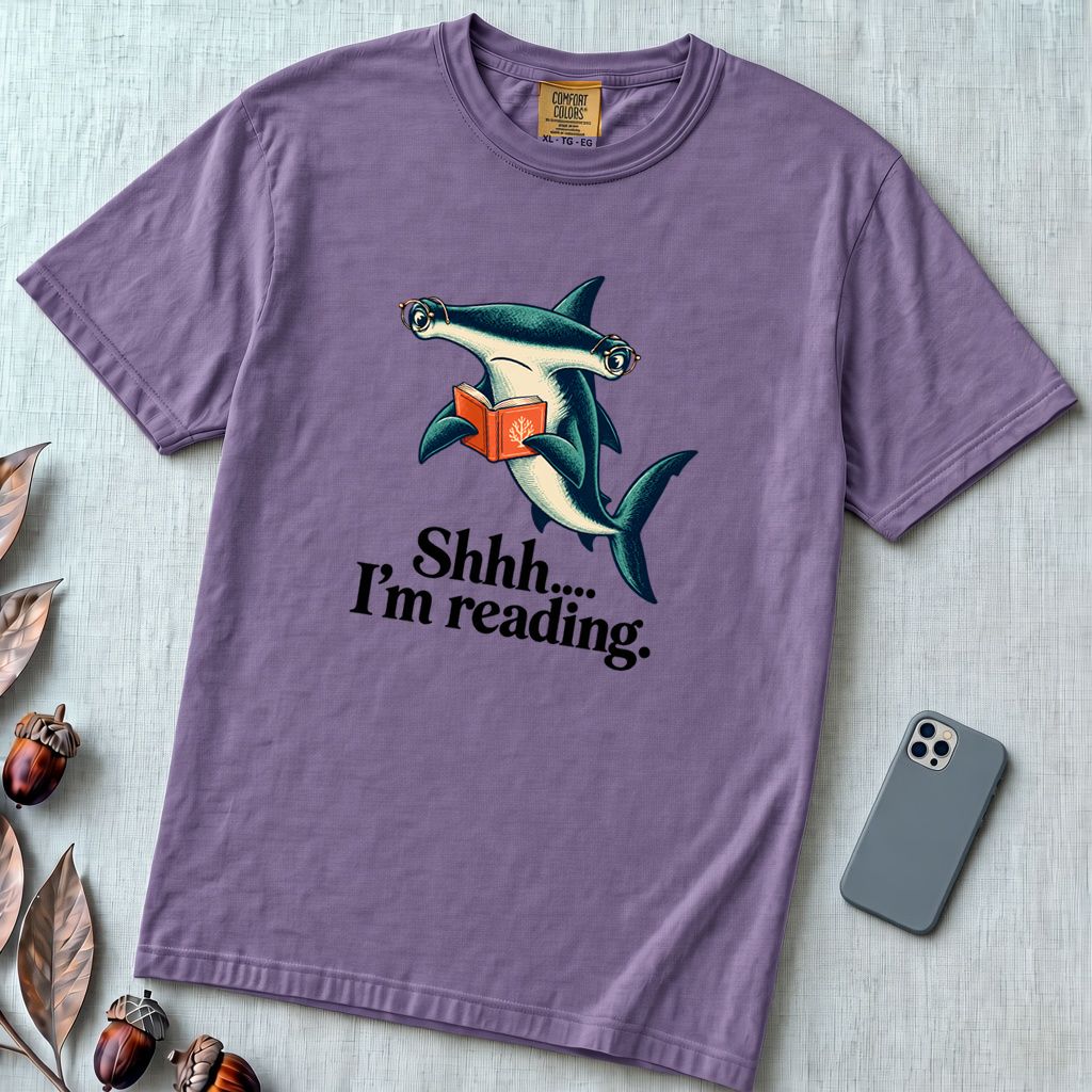 Shhh… I’m Reading Hammerhead Shark T-Shirt - Grape unfolded t-shirt mockup