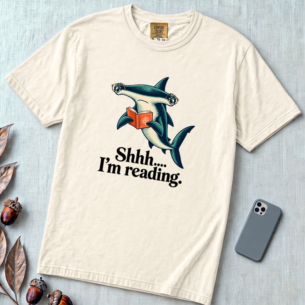 Shhh… I’m Reading Hammerhead Shark T-Shirt - Ivory unfolded t-shirt mockup