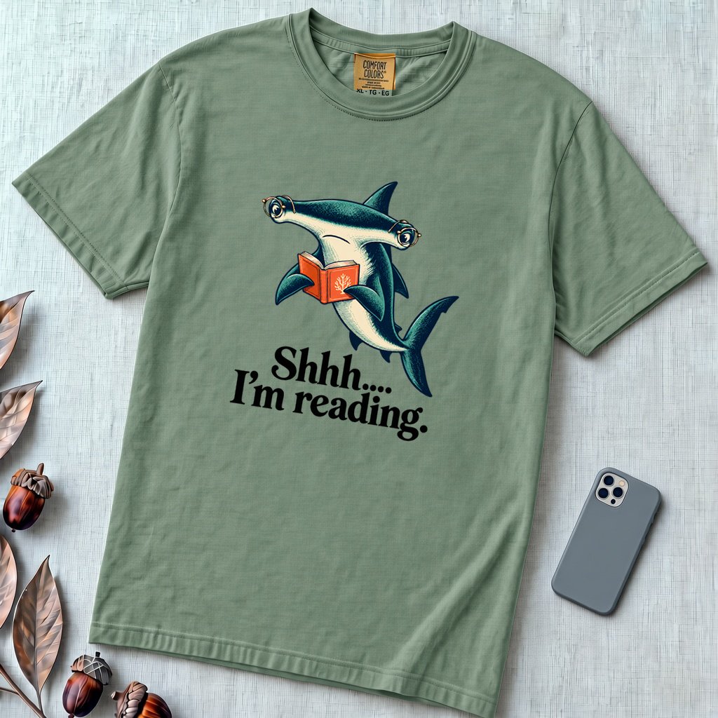 Shhh… I’m Reading Hammerhead Shark T-Shirt - Light Green unfolded t-shirt mockup