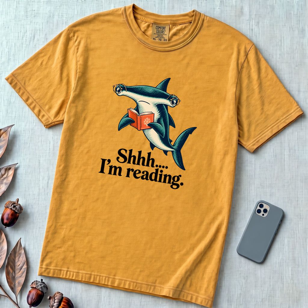 Shhh… I’m Reading Hammerhead Shark T-Shirt - Mustard unfolded t-shirt mockup