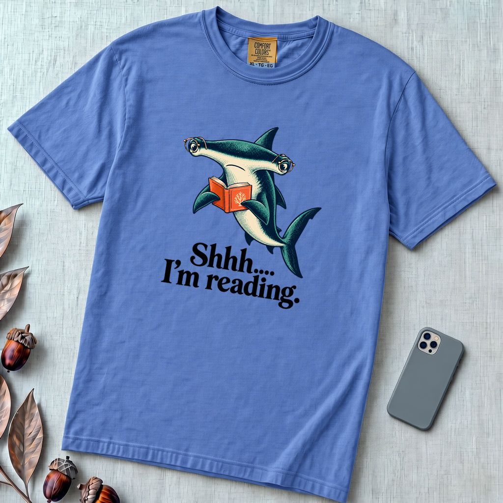 Shhh… I’m Reading Hammerhead Shark T-Shirt - Mystic Blue unfolded t-shirt mockup