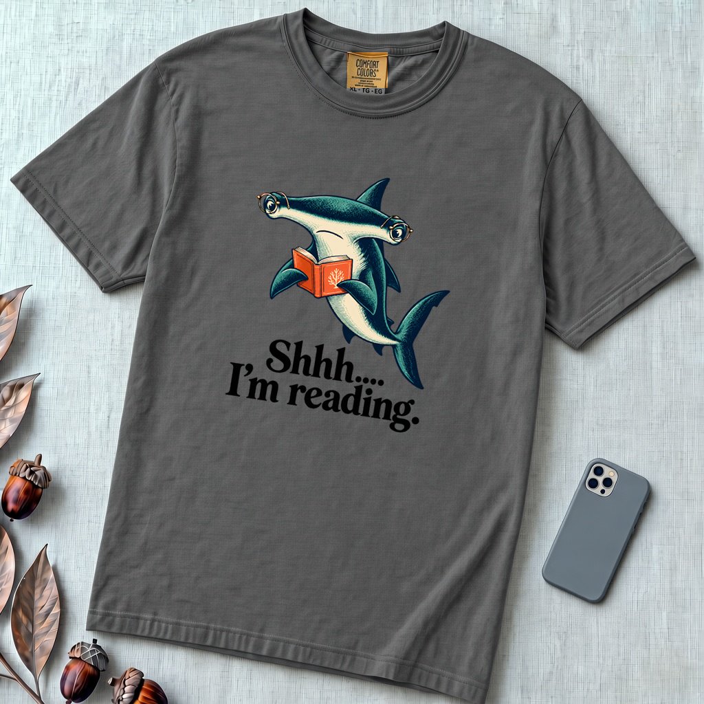Shhh… I’m Reading Hammerhead Shark T-Shirt - Pepper unfolded t-shirt mockup