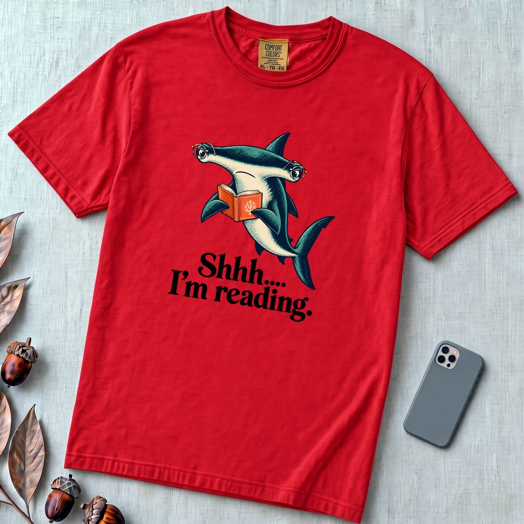 Shhh… I’m Reading Hammerhead Shark T-Shirt - Red unfolded t-shirt mockup