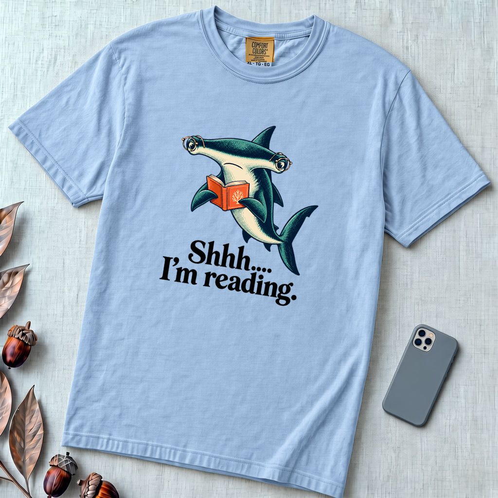 Shhh… I’m Reading Hammerhead Shark T-Shirt - Washed Denim unfolded t-shirt mockup