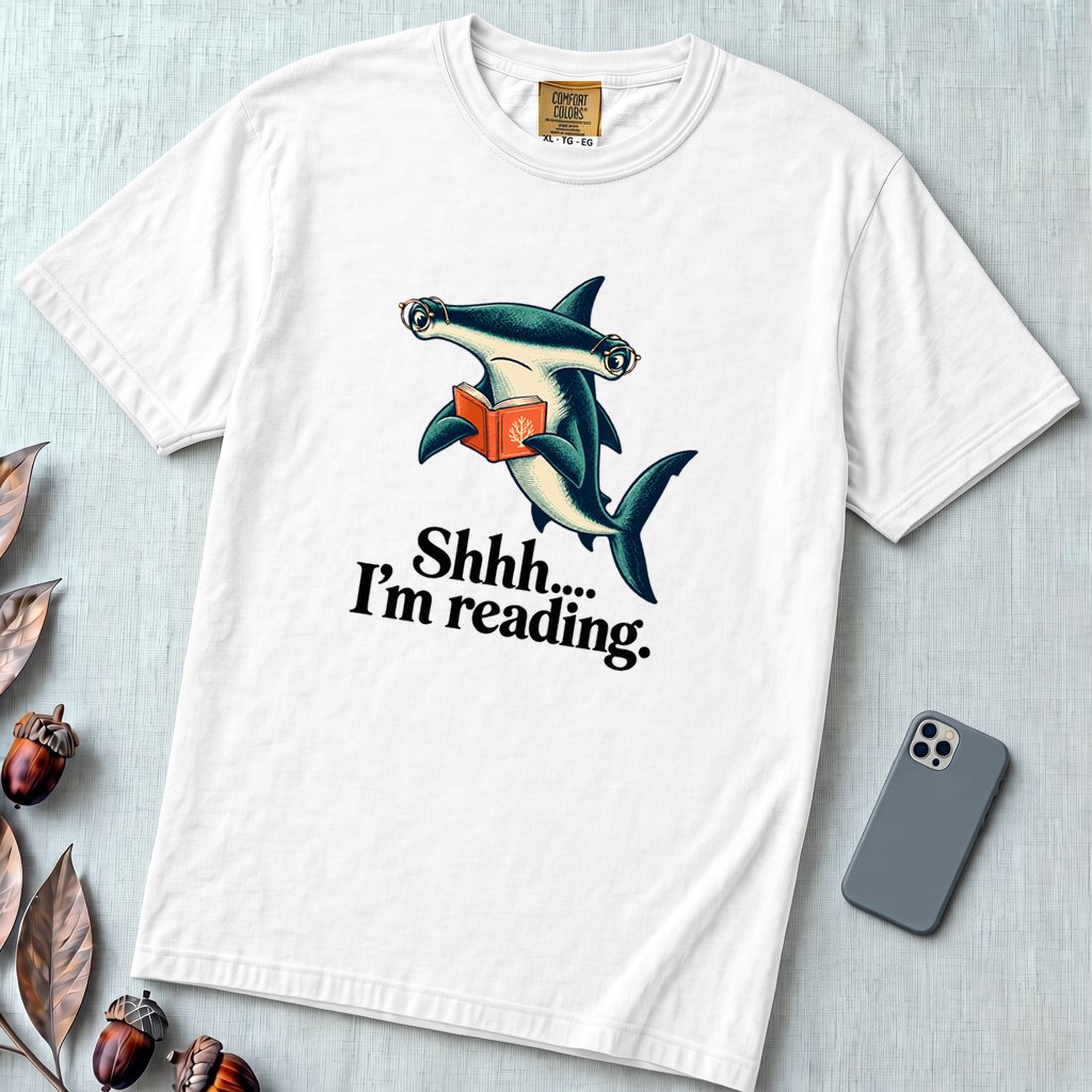 Shhh… I’m Reading Hammerhead Shark T-Shirt - White unfolded t-shirt mockup