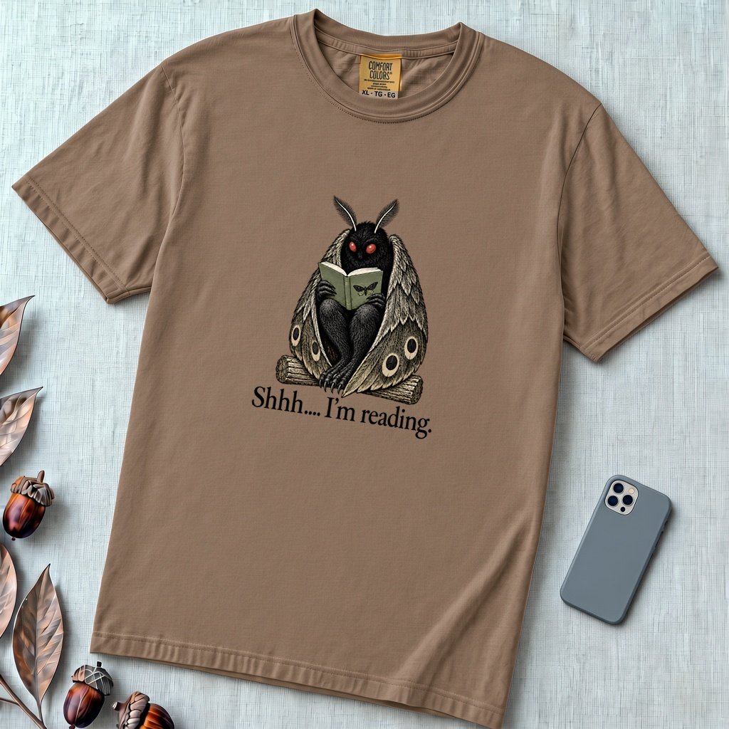 Shhh… I’m Reading Mothman T-Shirt - Espresso unfolded t-shirt mockup