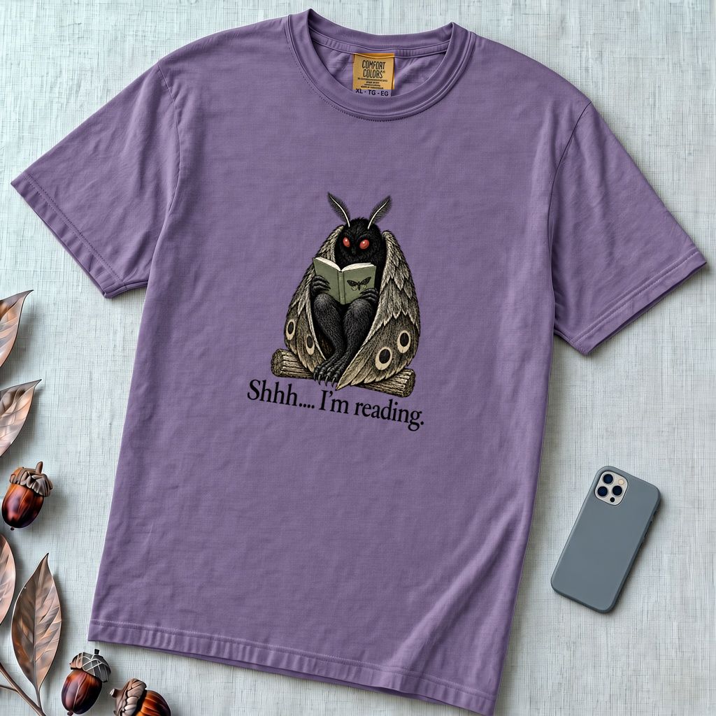 Shhh… I’m Reading Mothman T-Shirt - Grape unfolded t-shirt mockup