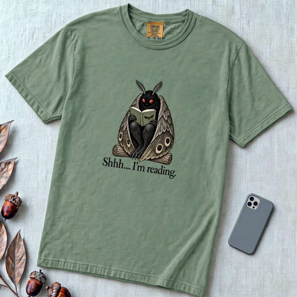 Shhh… I’m Reading Mothman T-Shirt - Light Green unfolded t-shirt mockup