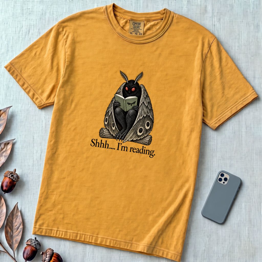 Shhh… I’m Reading Mothman T-Shirt - Mustard unfolded t-shirt mockup