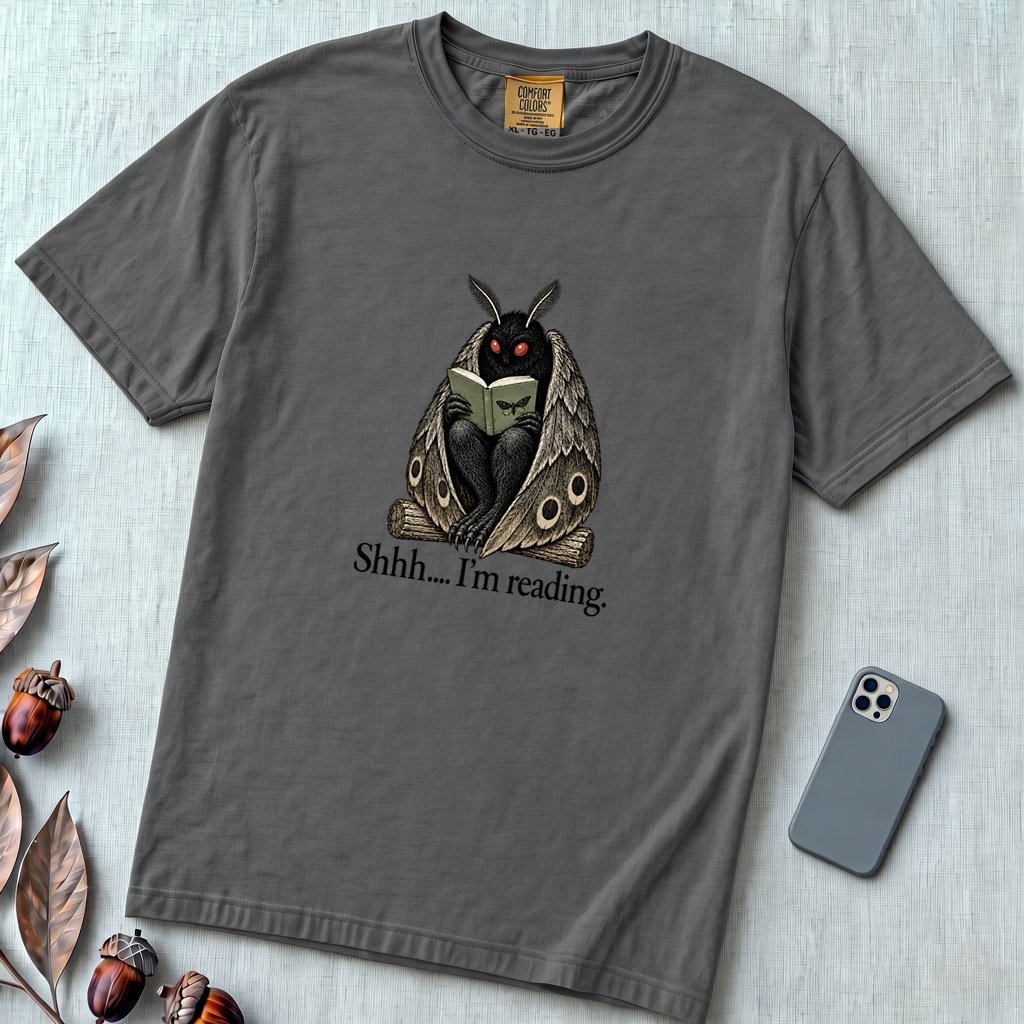 Shhh… I’m Reading Mothman T-Shirt - Pepper unfolded t-shirt mockup