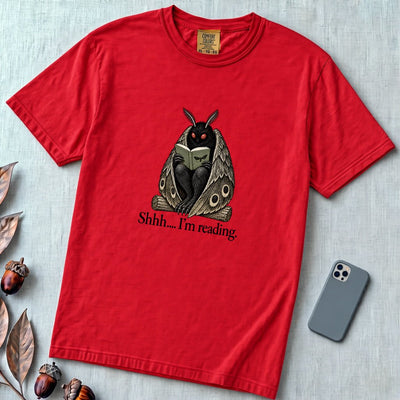 Shhh… I’m Reading Mothman T-Shirt - Red unfolded t-shirt mockup