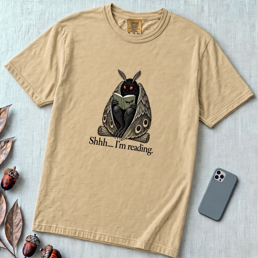 Shhh… I’m Reading Mothman T-Shirt - Sandstone unfolded t-shirt mockup