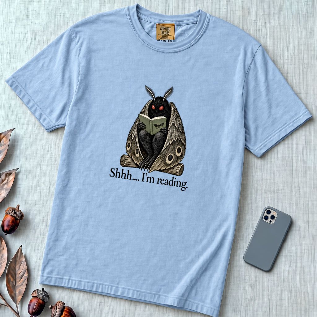 Shhh… I’m Reading Mothman T-Shirt - Washed Denim unfolded t-shirt mockup