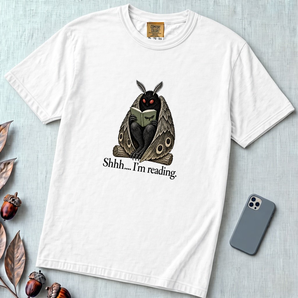 Shhh… I’m Reading Mothman T-Shirt - White unfolded t-shirt mockup