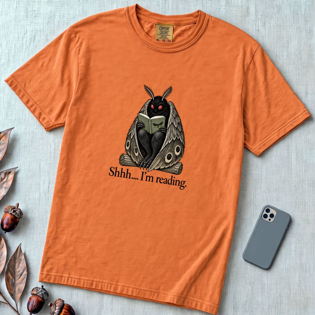 Shhh… I’m Reading Mothman T-Shirt - Yam unfolded t-shirt mockup