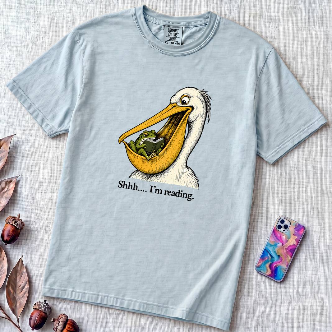 Shhh… I’m Reading Pelican Frog T-Shirt - Chambray unfolded t-shirt mockup