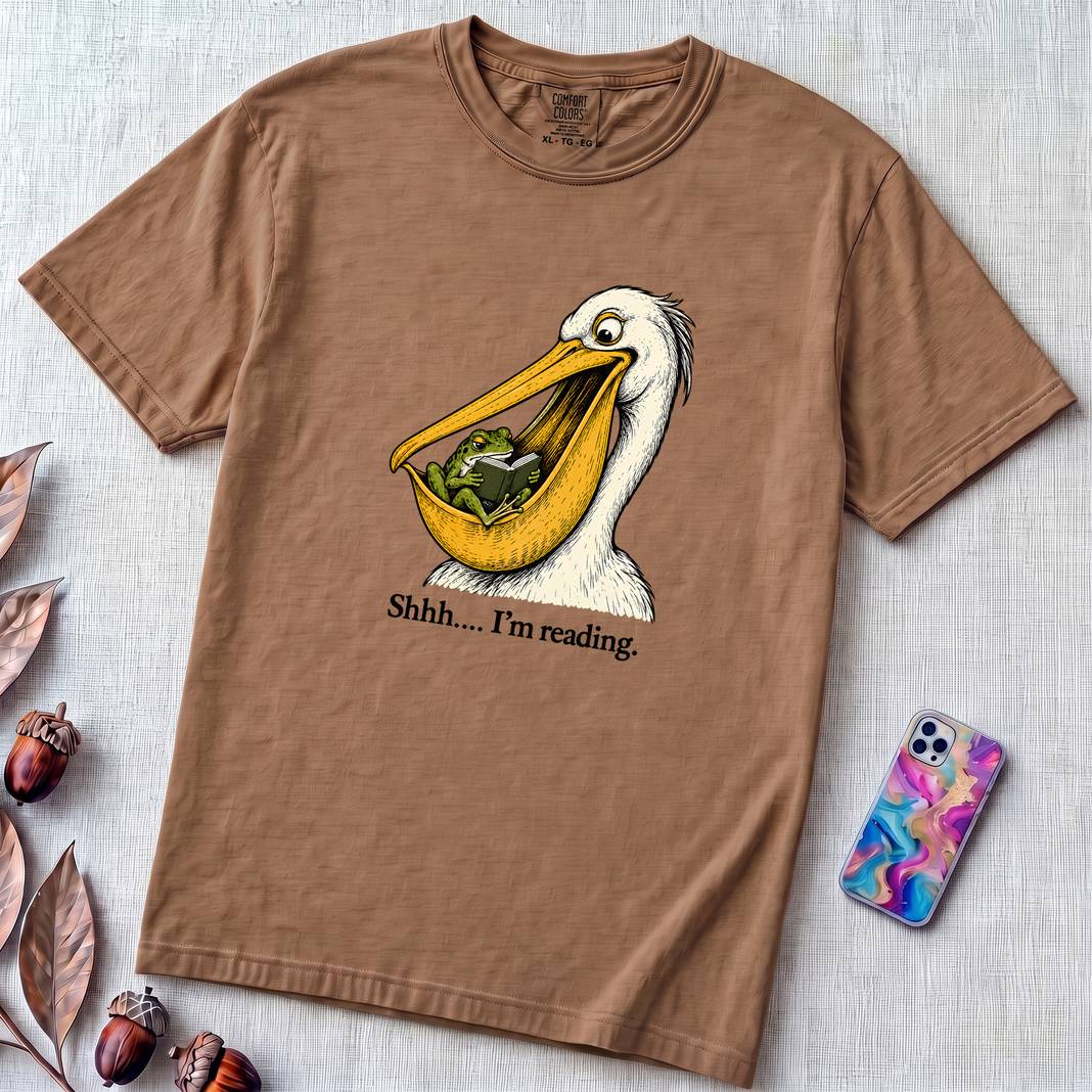Shhh… I’m Reading Pelican Frog T-Shirt - Espresso unfolded t-shirt mockup