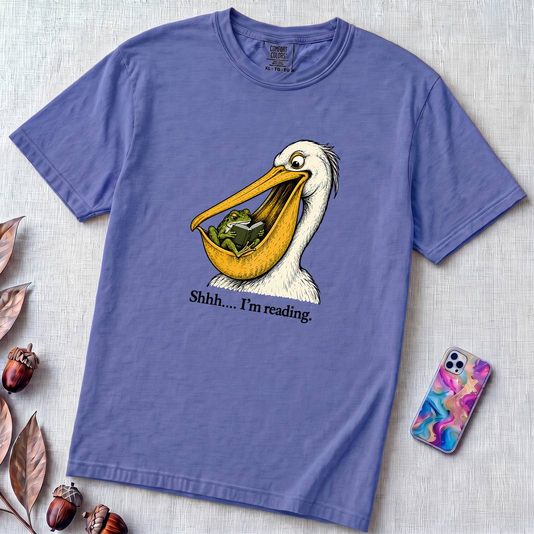 Shhh… I’m Reading Pelican Frog T-Shirt - Flo Blue unfolded t-shirt mockup