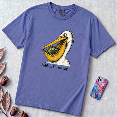 Shhh… I’m Reading Pelican Frog T-Shirt - Flo Blue unfolded t-shirt mockup