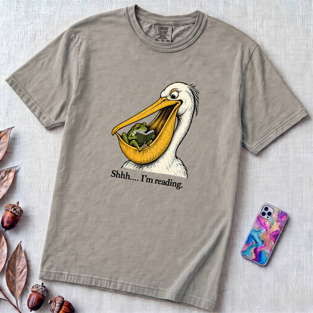 Shhh… I’m Reading Pelican Frog T-Shirt - Granite unfolded t-shirt mockup
