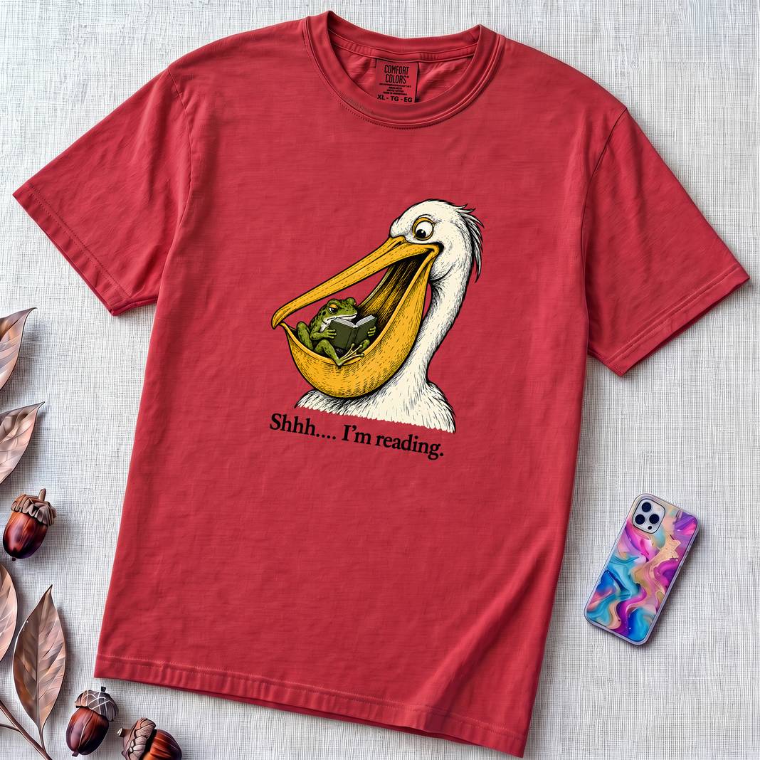 Shhh… I’m Reading Pelican Frog T-Shirt - Red unfolded t-shirt mockup