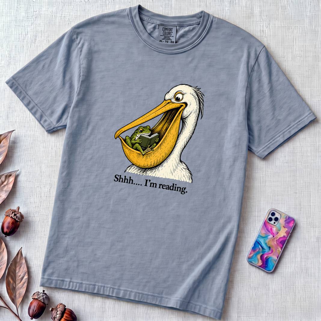 Shhh… I’m Reading Pelican Frog T-Shirt - Washed Denim unfolded t-shirt mockup
