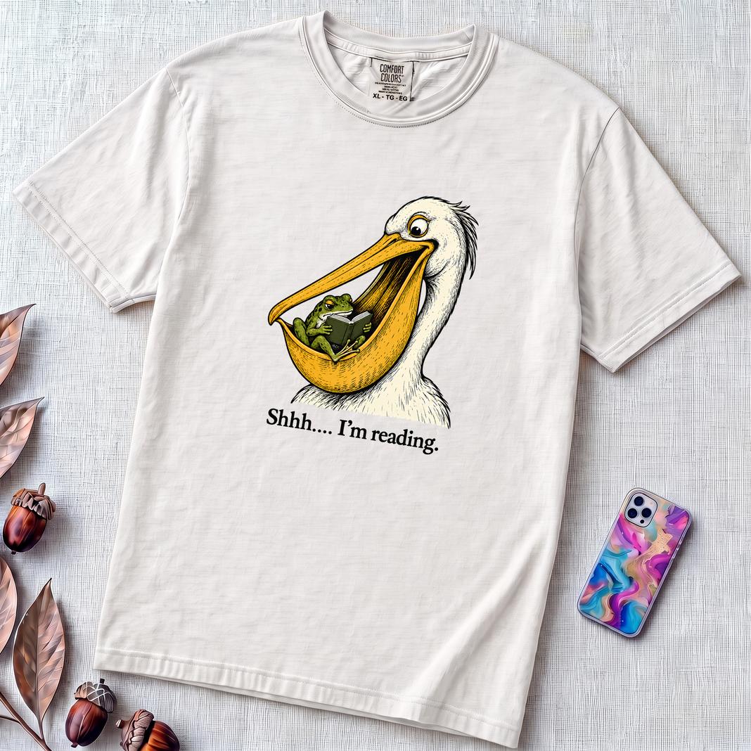 Shhh… I’m Reading Pelican Frog T-Shirt - White unfolded t-shirt mockup
