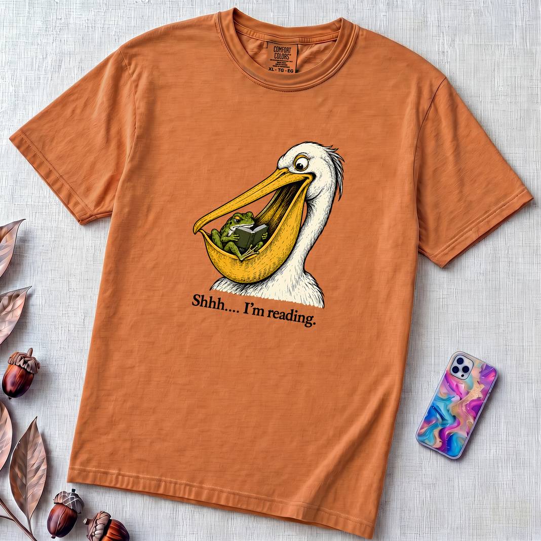Shhh… I’m Reading Pelican Frog T-Shirt - Yam unfolded t-shirt mockup
