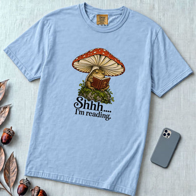 Shhh I’m Reading T-Shirt, Frog Reading Tee - Washed Denim unfolded t-shirt mockup