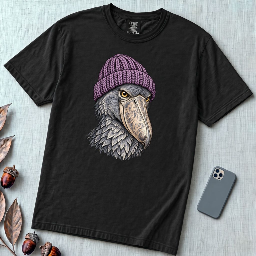 Shoebill Stork in a Beanie T-Shirt - Black unfolded t-shirt mockup