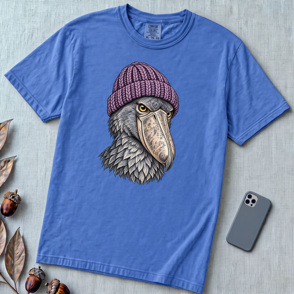 Shoebill Stork in a Beanie T-Shirt - Flo Blue unfolded t-shirt mockup