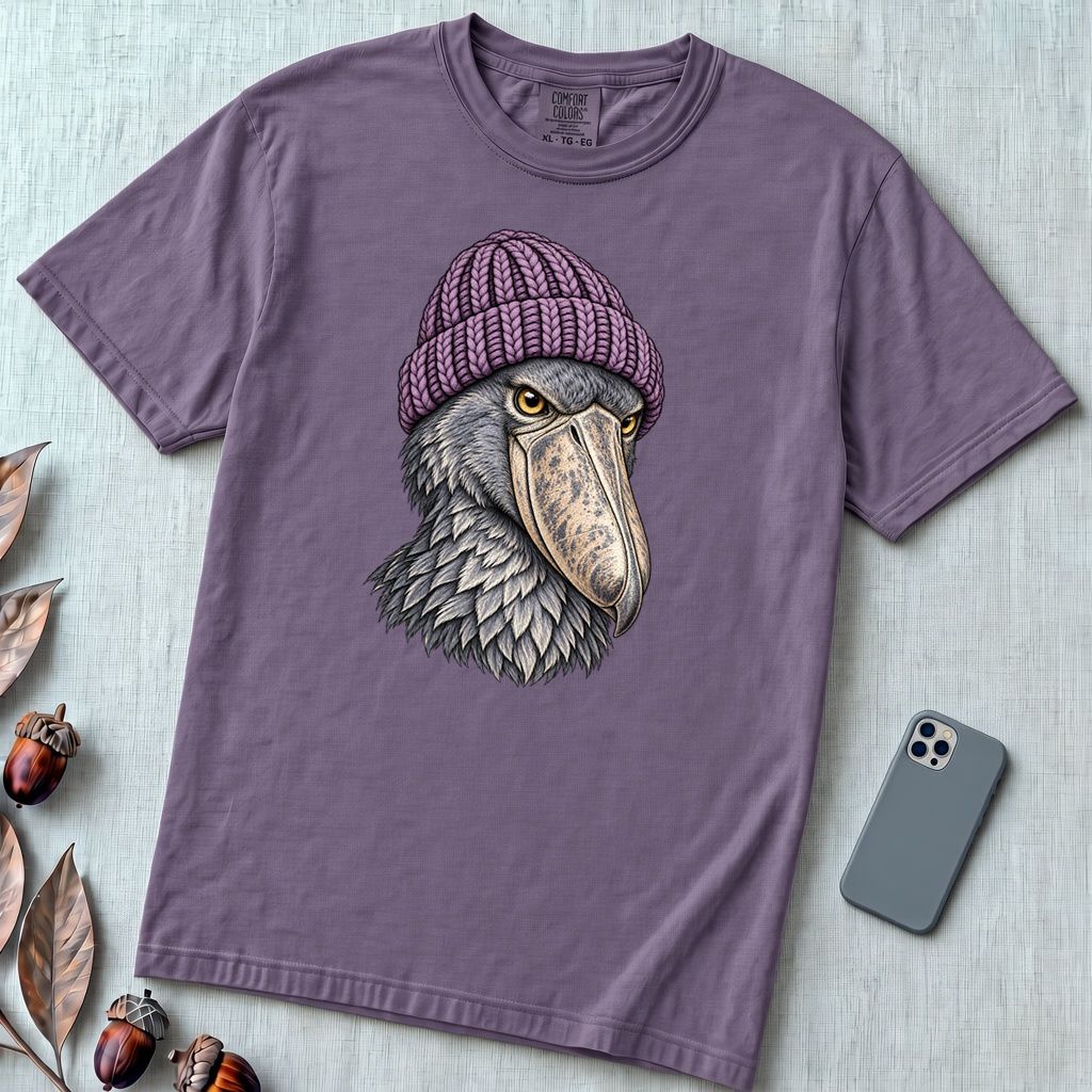 Shoebill Stork in a Beanie T-Shirt - Grape unfolded t-shirt mockup
