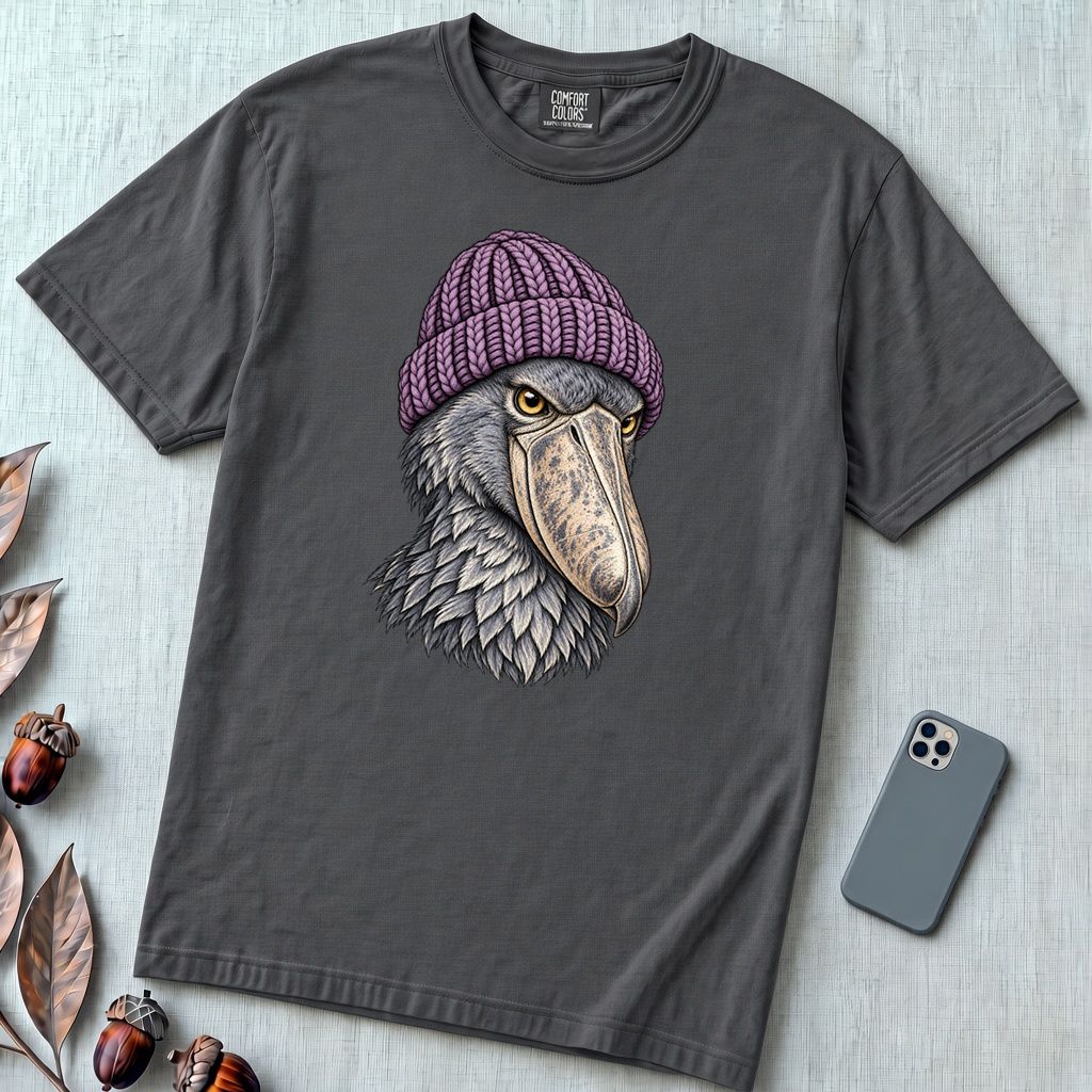 Shoebill Stork in a Beanie T-Shirt - Graphite unfolded t-shirt mockup