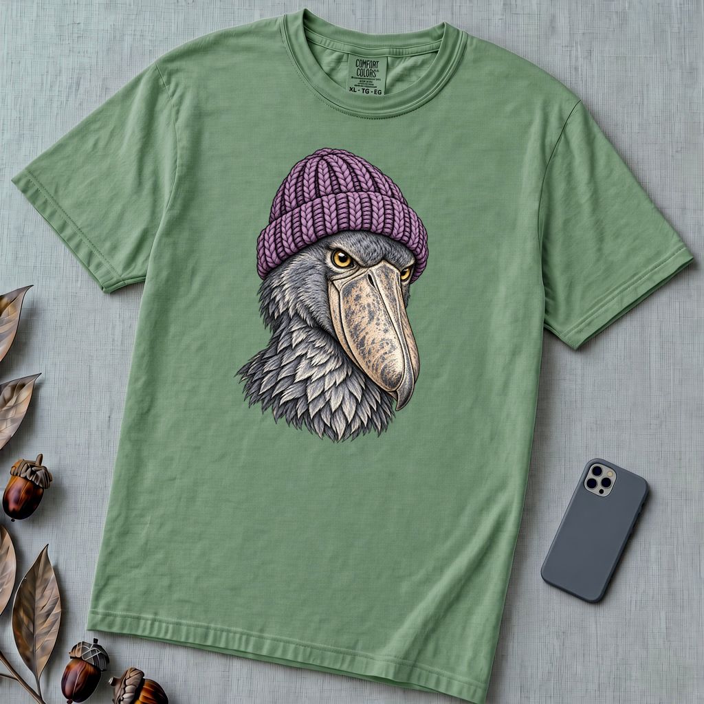 Shoebill Stork in a Beanie T-Shirt - Light Green unfolded t-shirt mockup