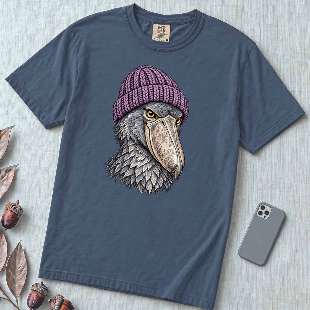 Shoebill Stork in a Beanie T-Shirt - Midnight unfolded t-shirt mockup