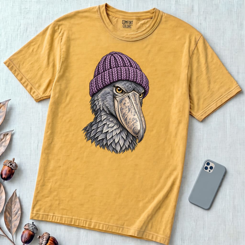 Shoebill Stork in a Beanie T-Shirt - Mustard unfolded t-shirt mockup