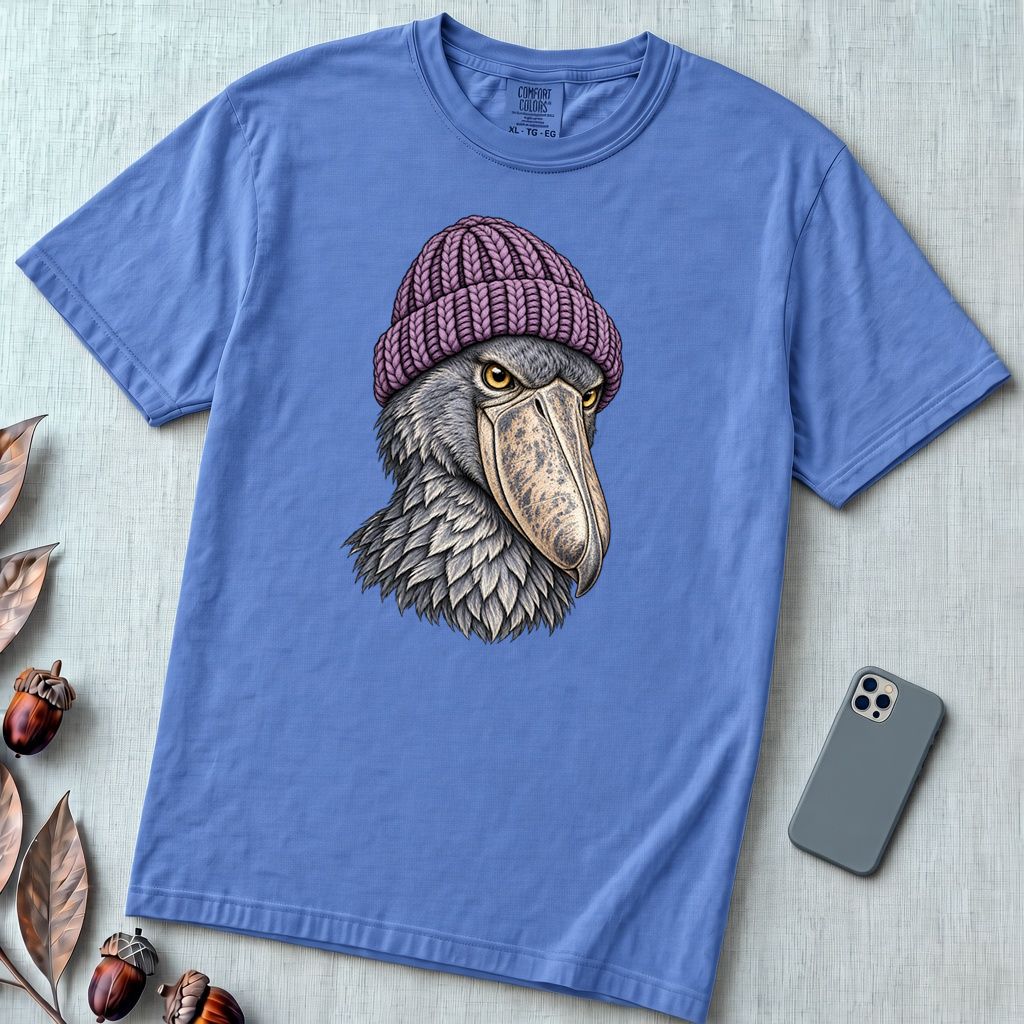Shoebill Stork in a Beanie T-Shirt - Mystic Blue unfolded t-shirt mockup