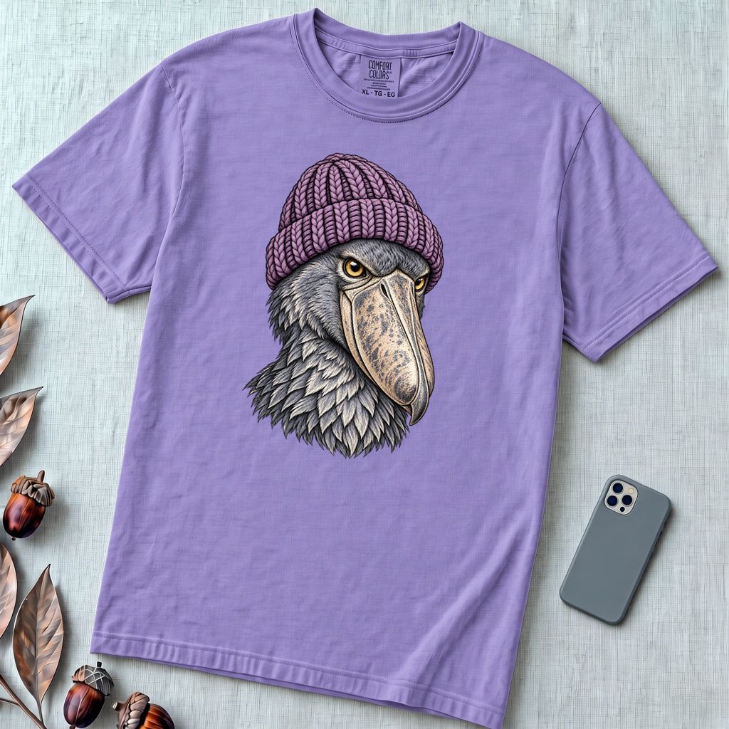 Shoebill Stork in a Beanie T-Shirt - Violet unfolded t-shirt mockup
