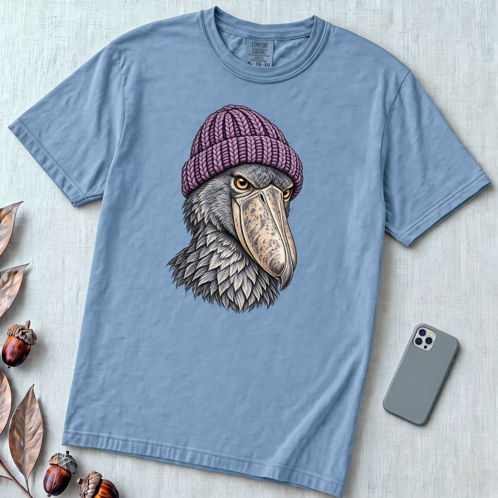 Shoebill Stork in a Beanie T-Shirt - Washed Denim unfolded t-shirt mockup