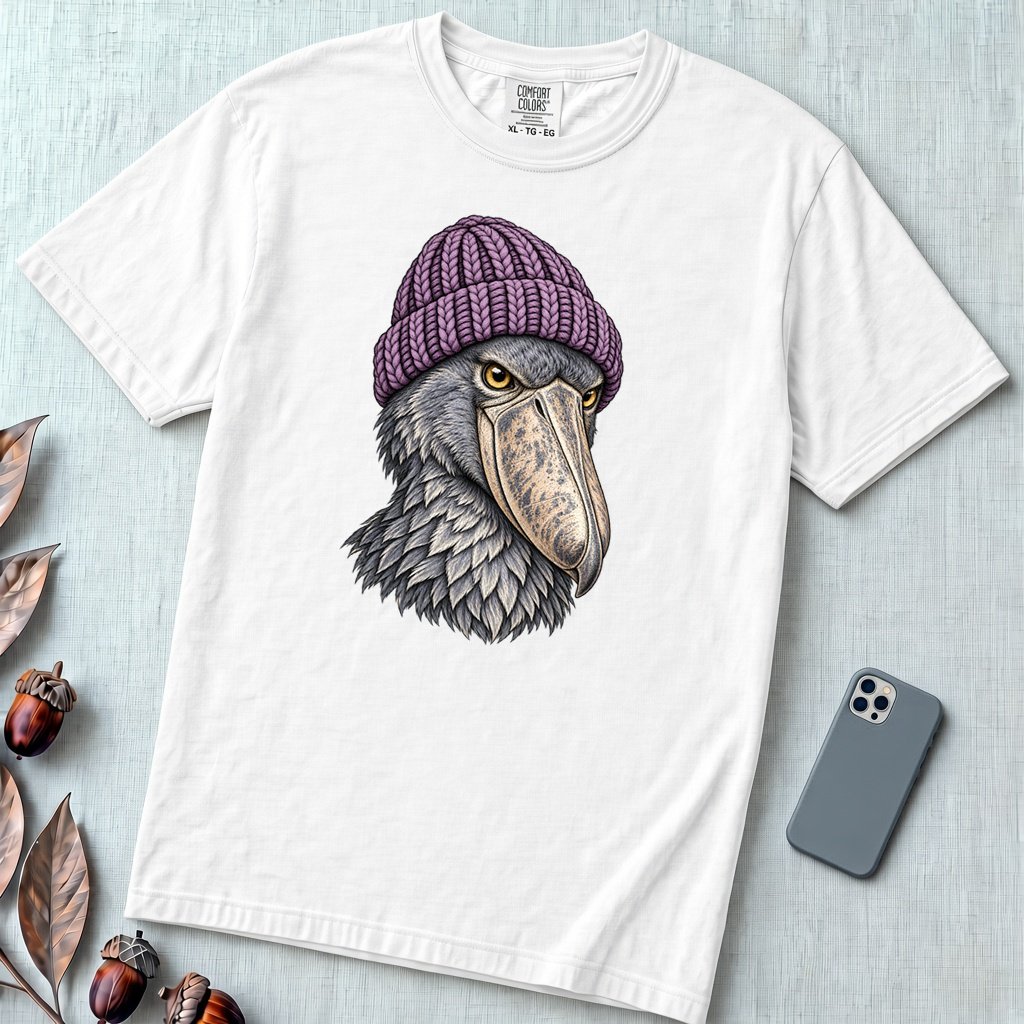 Shoebill Stork in a Beanie T-Shirt - White unfolded t-shirt mockup