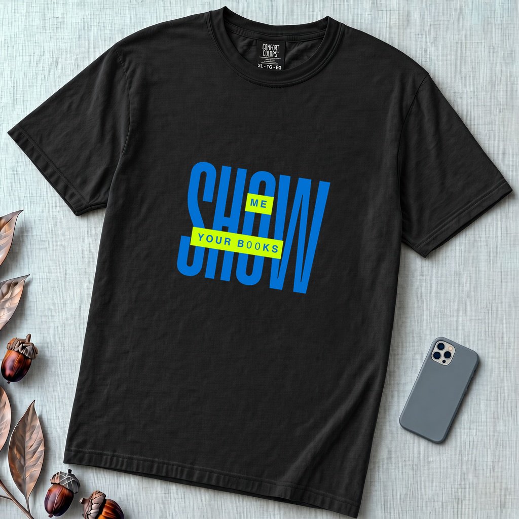 Show Me Your Books Shirt, Funny Bookish Flirt Tee - Black unfolded t-shirt mockup