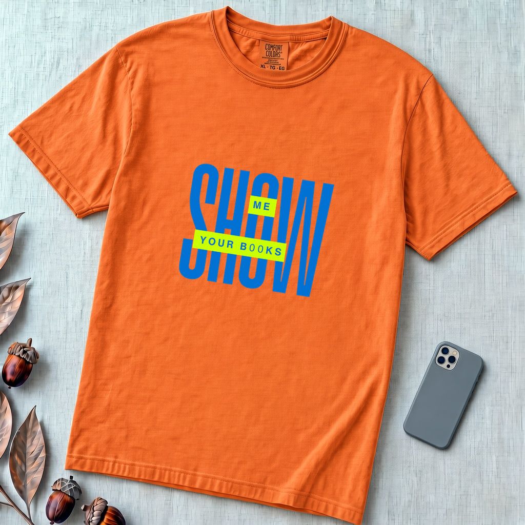 Show Me Your Books Shirt, Funny Bookish Flirt Tee - Burnt Orange unfolded t-shirt mockup