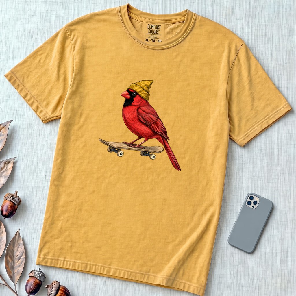 Skateboarding Cardinal T-Shirt - Mustard unfolded t-shirt mockup