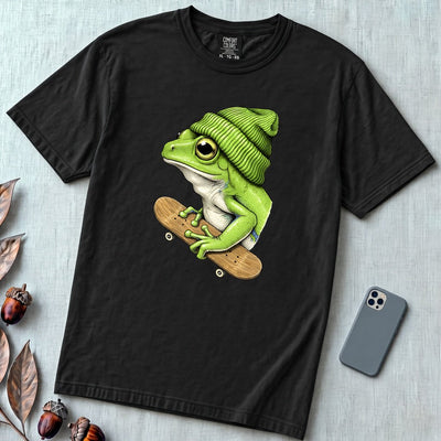 Skateboarding Frog T-Shirt — Funny Frog Skater Graphic Tee - Black unfolded t-shirt mockup