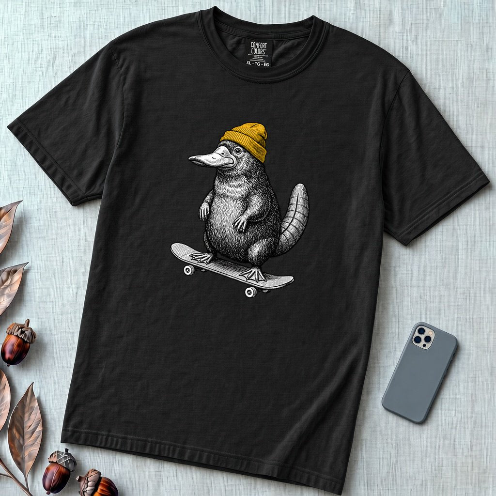 Skateboarding Platypus T-Shirt - Black unfolded t-shirt mockup