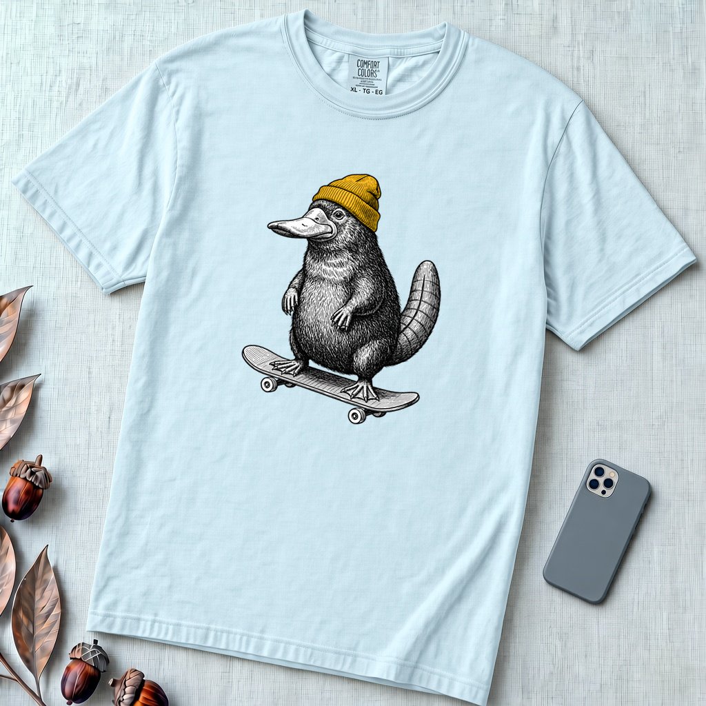 Skateboarding Platypus T-Shirt - Chambray unfolded t-shirt mockup