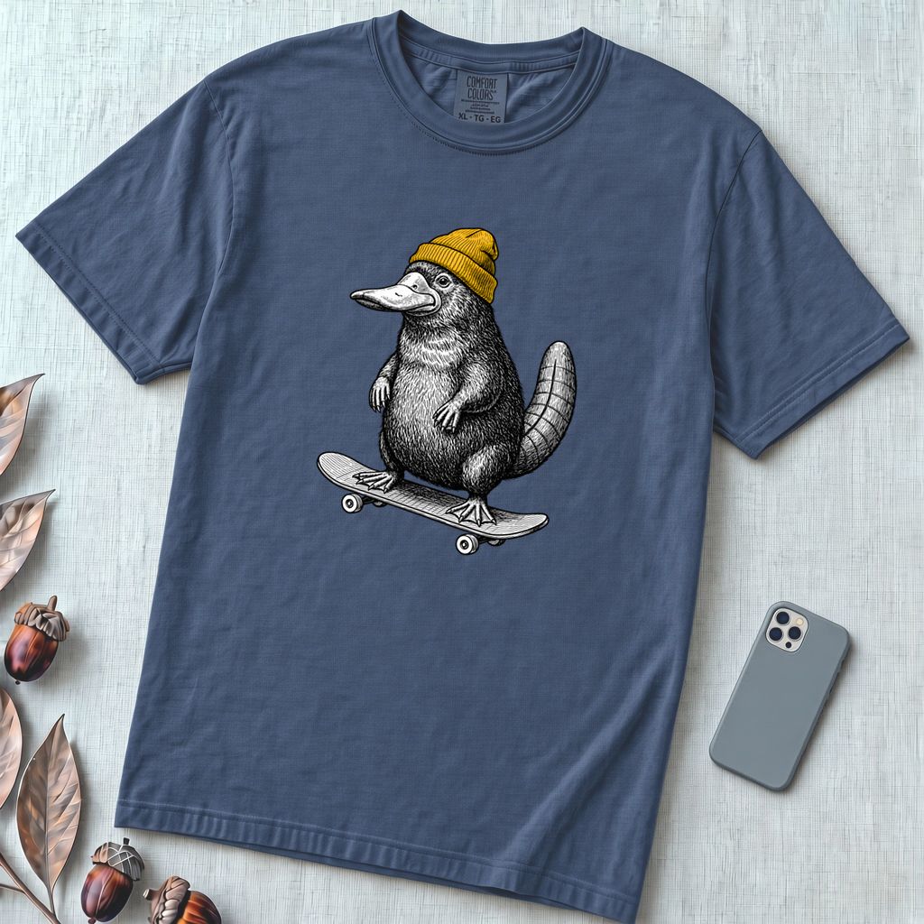Skateboarding Platypus T-Shirt - Denim unfolded t-shirt mockup