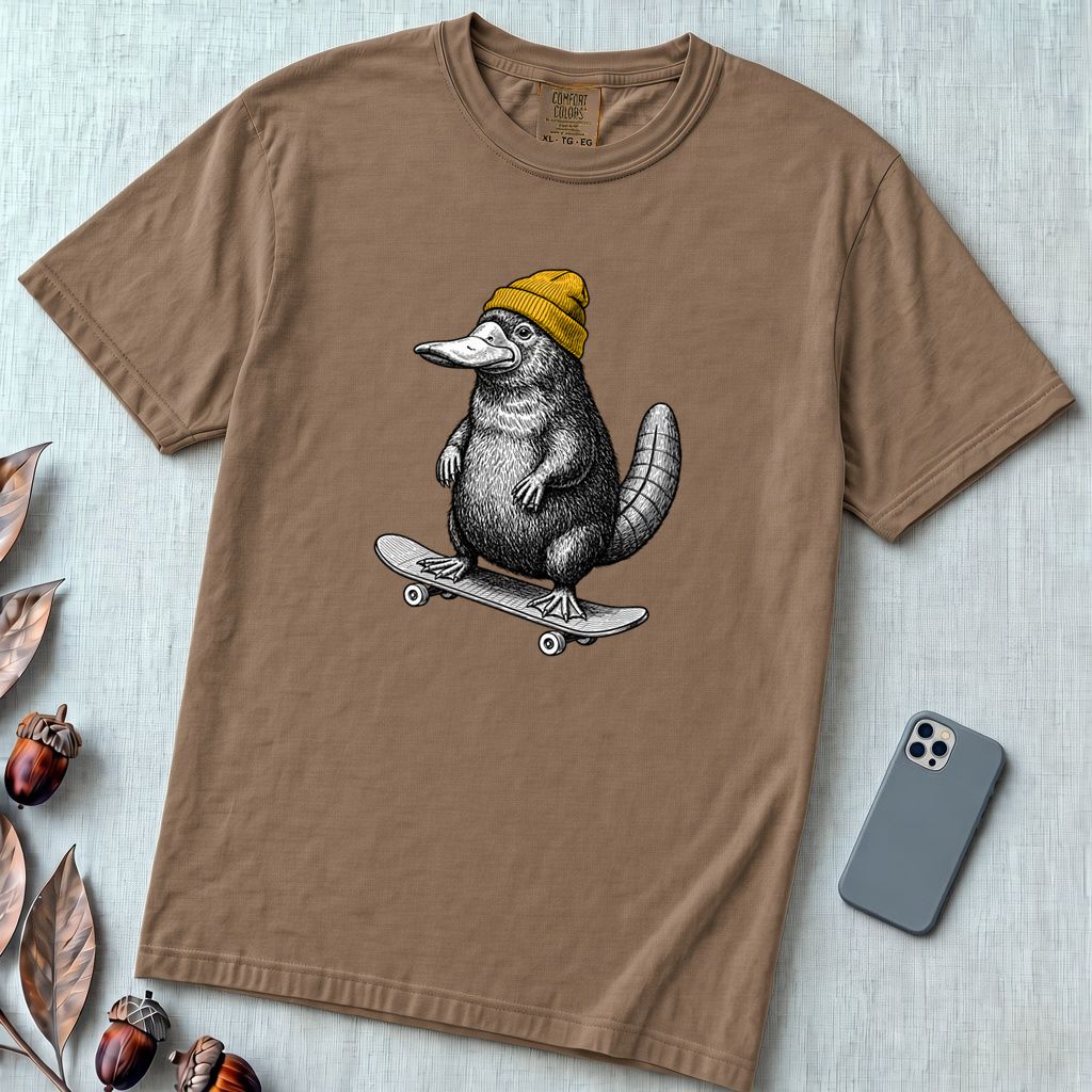 Skateboarding Platypus T-Shirt - Espresso unfolded t-shirt mockup