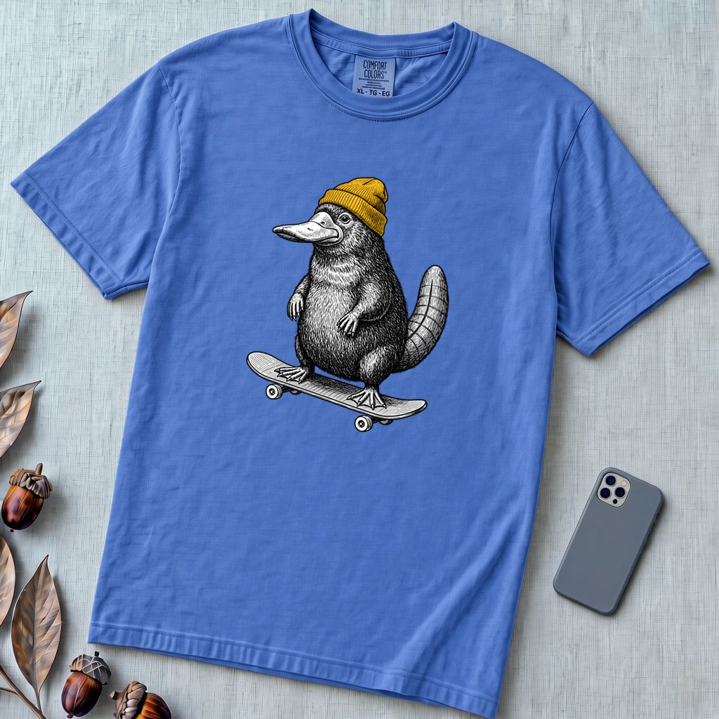 Skateboarding Platypus T-Shirt - Flo Blue unfolded t-shirt mockup